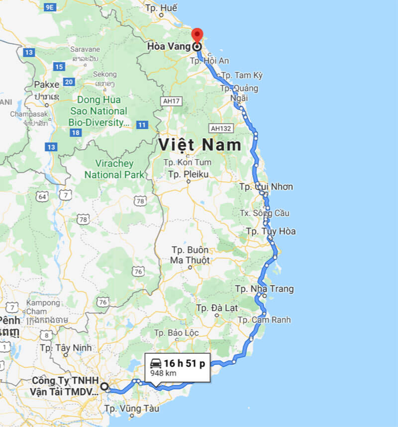 Lộ trình vận chuyển dọc theo Quốc lộ 1A từ TPHCM đi Hòa Vang, Đà Nẵng